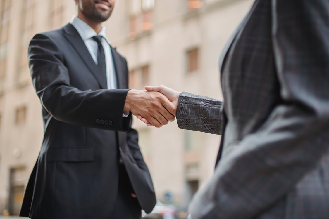 Two professionals shaking hands - business partnership